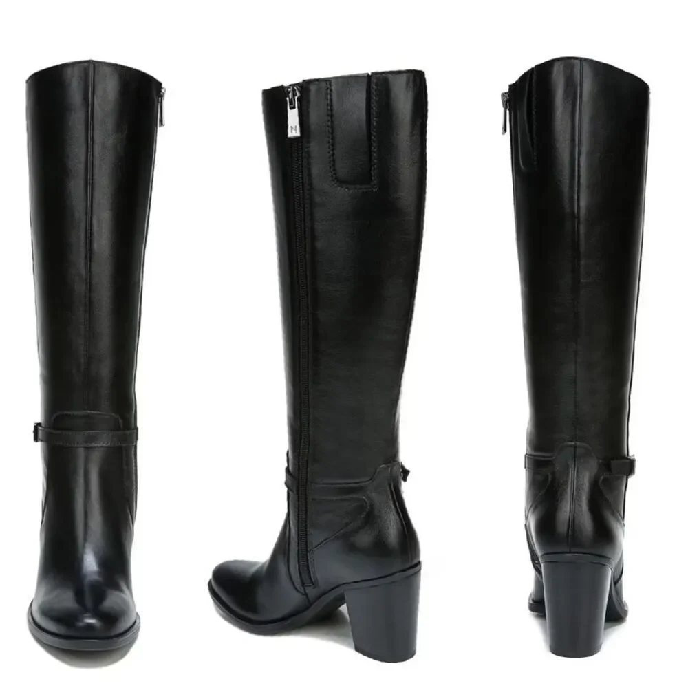 Naturalizer Kalina Black Leather Wide Calf Block Heel Knee High Boot 7.5 NWT